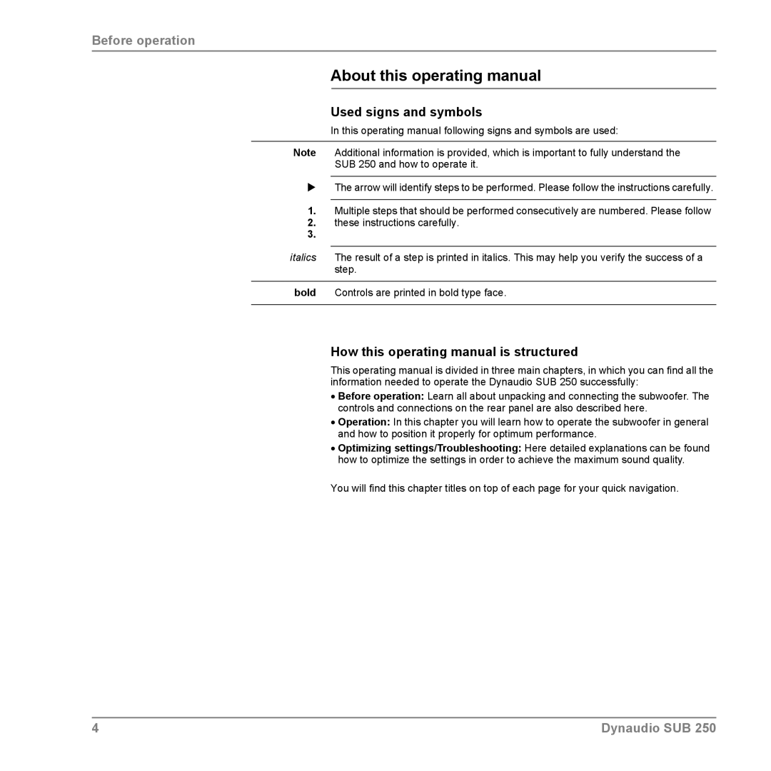 Dynaudio SUB 250 About this operating manual, Used signs and symbols, How this operating manual is structured 