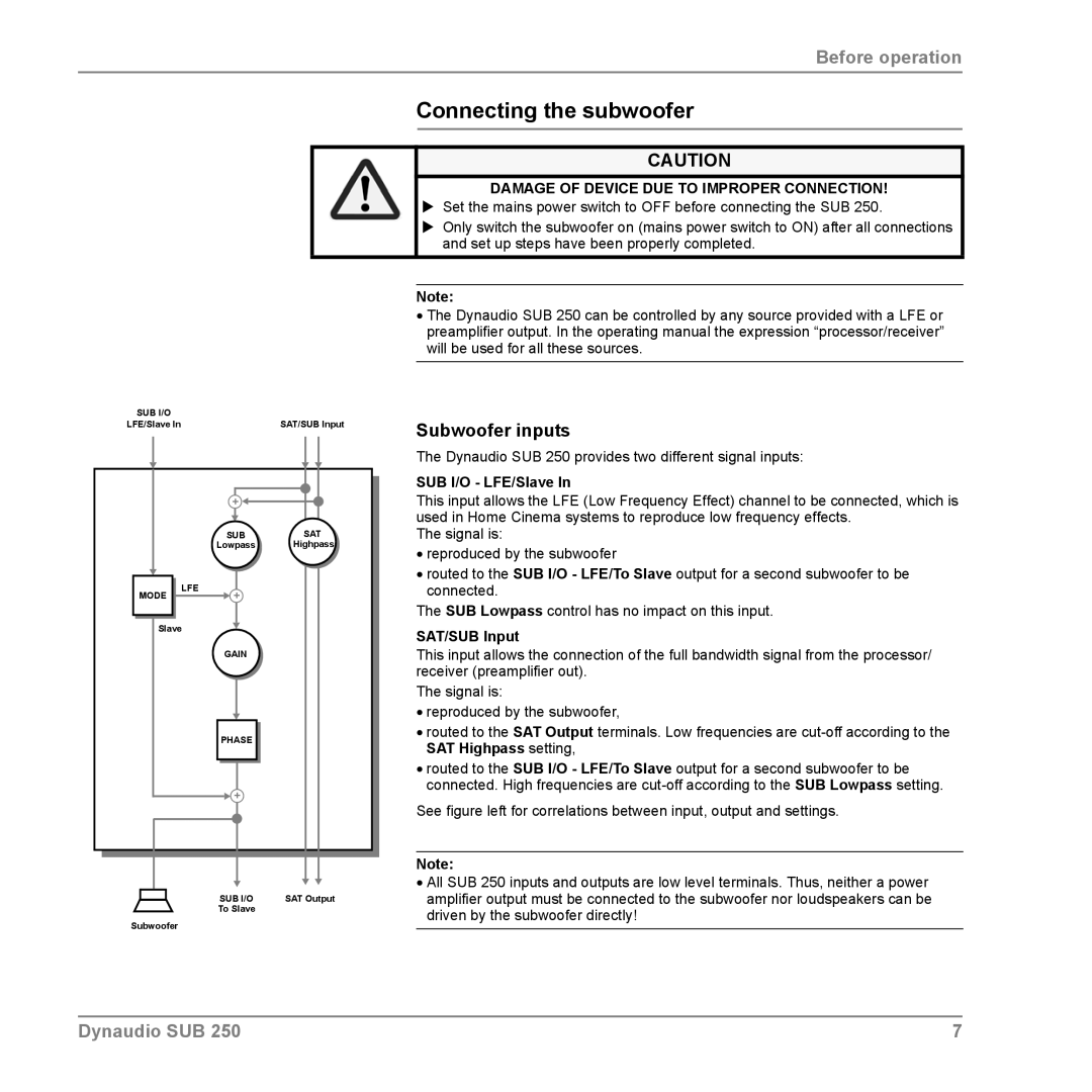 Dynaudio SUB 250 manual Connecting the subwoofer, Subwoofer inputs, Damage of Device DUE to Improper Connection 