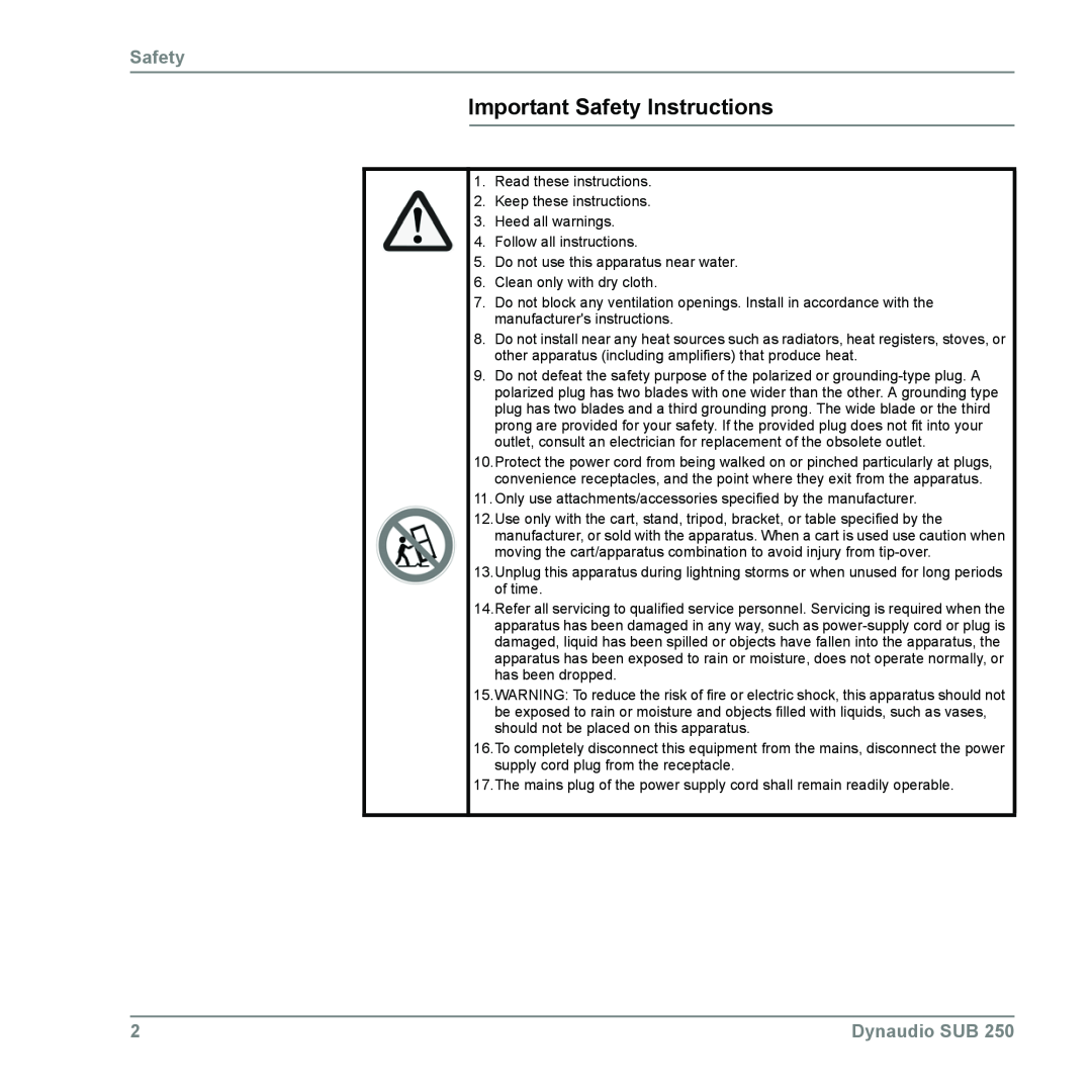Dynaudio SUB 250 manual Important Safety Instructions, Dynaudio SUB 