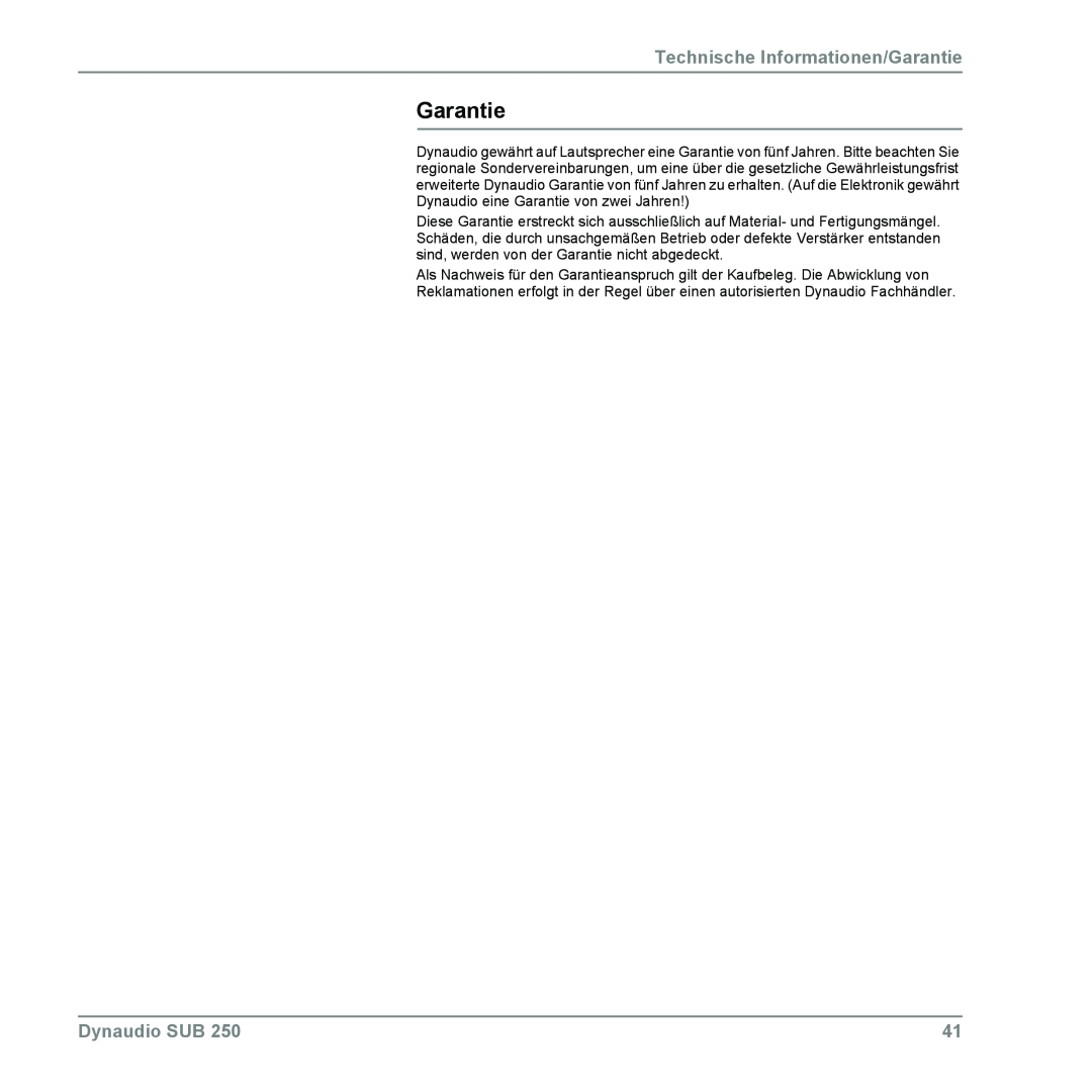 Dynaudio SUB 250 manual Technische Informationen/Garantie, Dynaudio SUB 