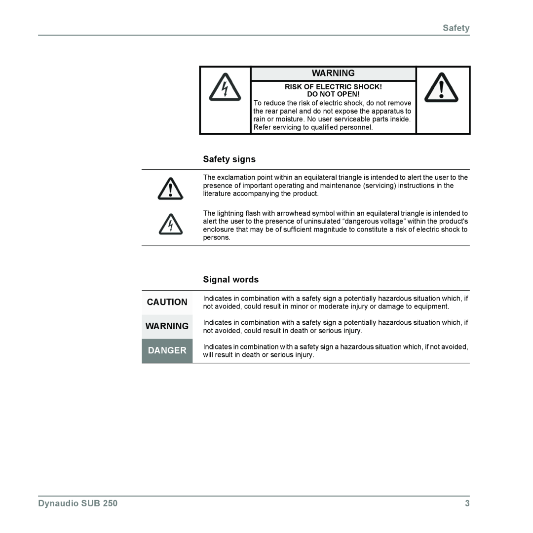 Dynaudio SUB 250 manual Safety signs, Signal words, Risk Of Electric Shock Do Not Open, Danger, Dynaudio SUB 