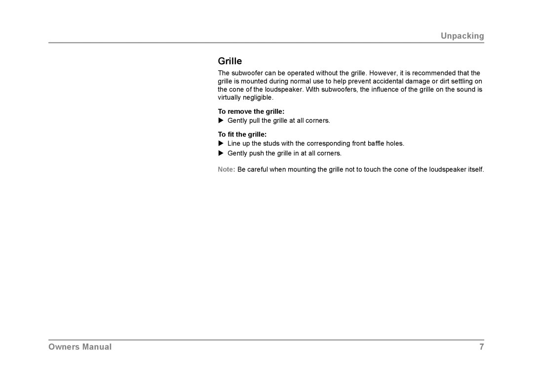 Dynaudio SUB 600 owner manual Grille, To remove the grille, To fit the grille 