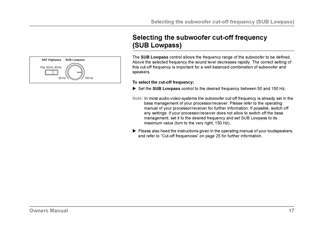 Dynaudio SUB 600 owner manual Selecting the subwoofer cut-off frequency SUB Lowpass, To select the cut-off frequency 