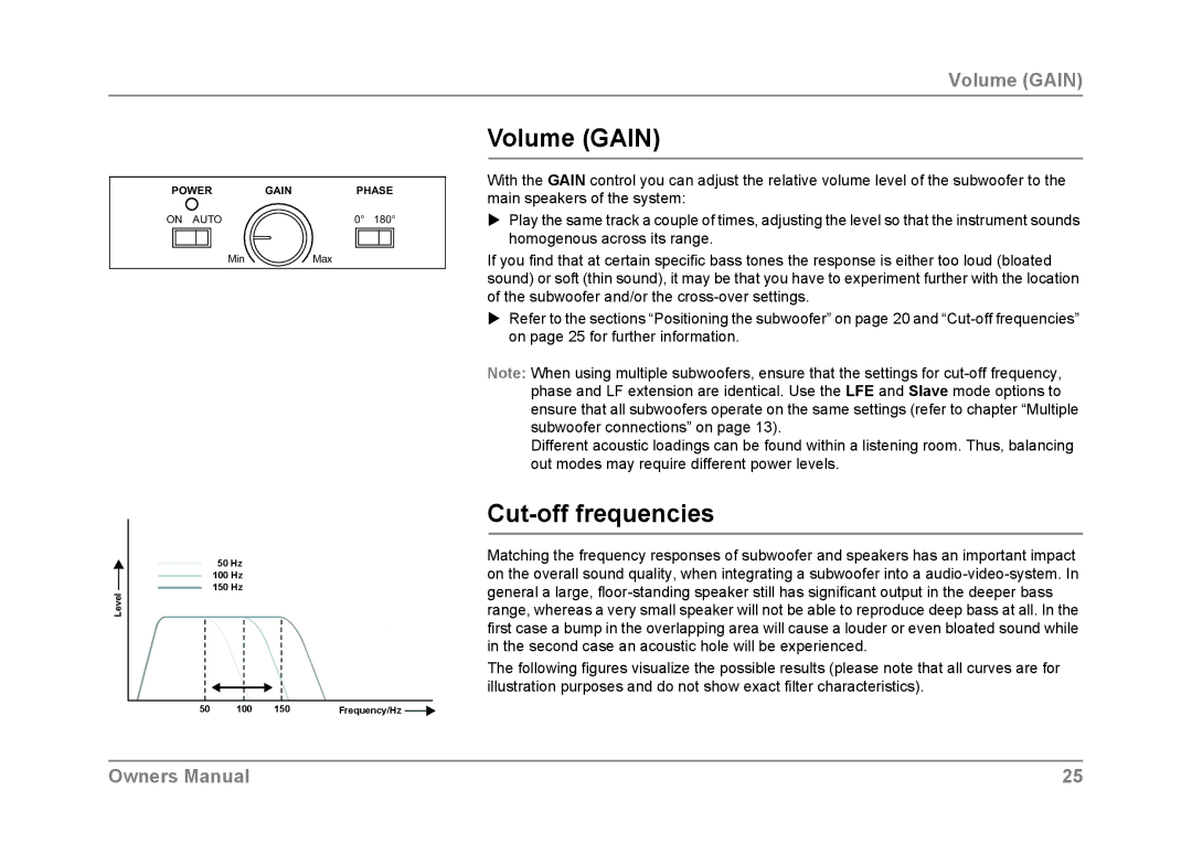 Dynaudio SUB 600 owner manual Volume Gain, Cut-off frequencies 