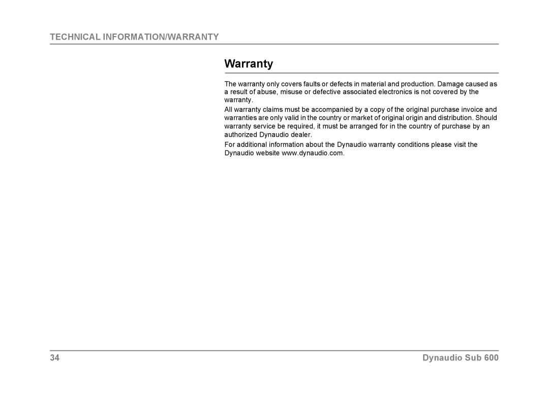 Dynaudio SUB 600 owner manual Warranty 