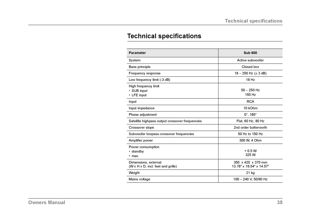 Dynaudio SUB 600 owner manual Technical specifications, Parameter Sub 