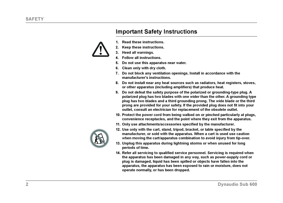 Dynaudio SUB 600 owner manual Important Safety Instructions 