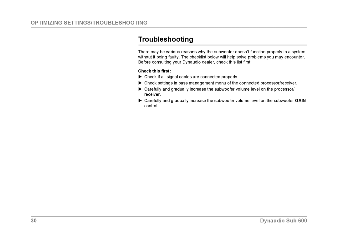 Dynaudio SUB 600 owner manual Optimizing Settings/Troubleshooting, Dynaudio Sub 