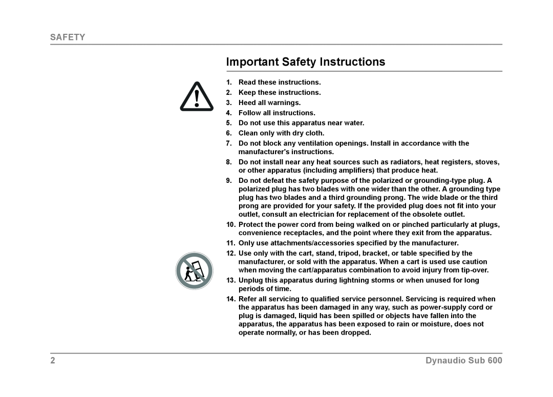 Dynaudio SUB 600 owner manual Important Safety Instructions, Dynaudio Sub 