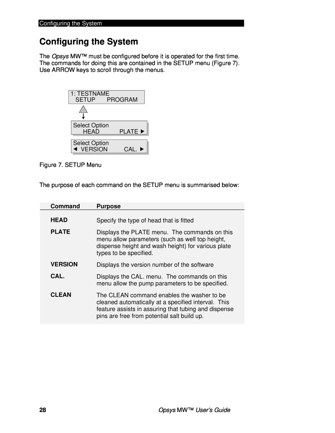 Dynex 91000051 manual Configuring the System, Command, Head, Plate, Version, Clean, Purpose 