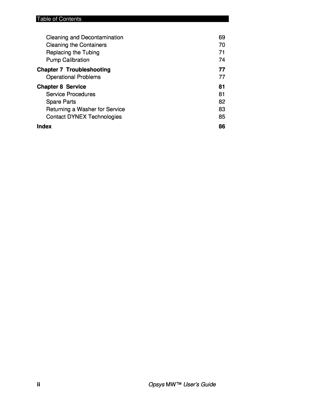 Dynex 91000051 manual Troubleshooting, Service, Index, Table of Contents, Opsys MW User’s Guide 