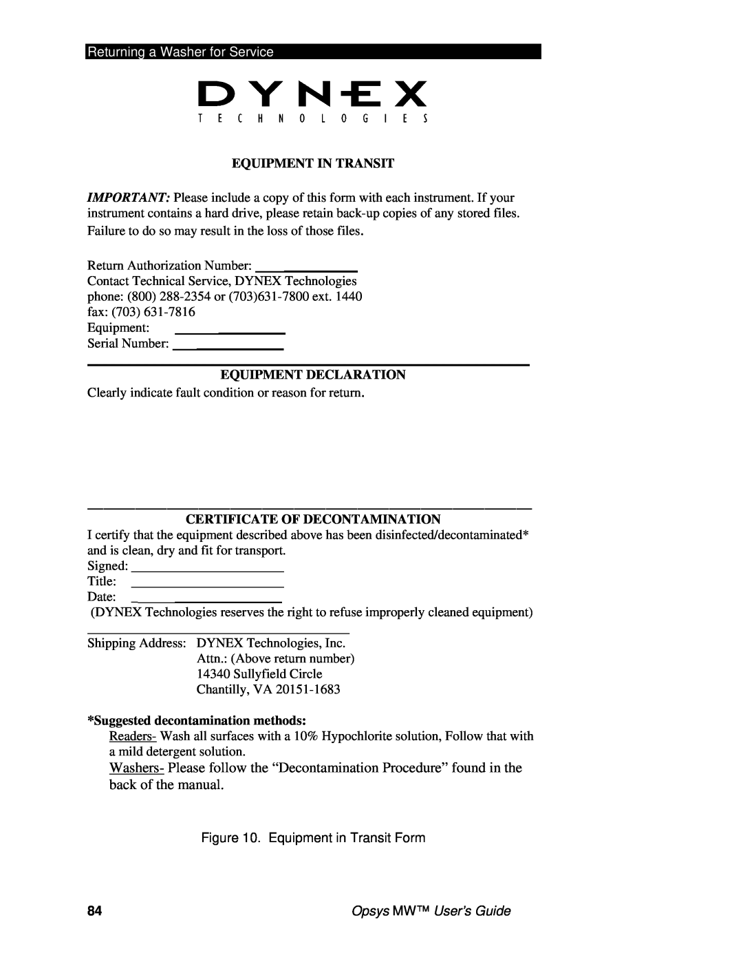 Dynex 91000051 Returning a Washer for Service, Equipment In Transit, Equipment Declaration, Certificate Of Decontamination 