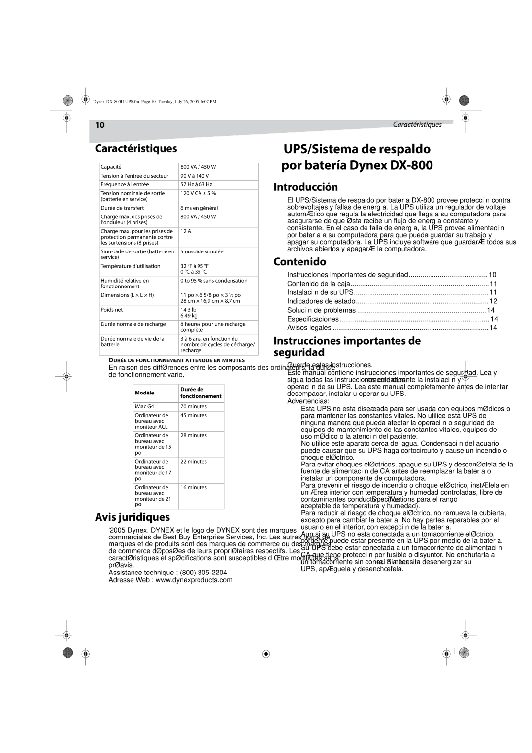 Dynex DX-800U manual Caractéristiques, Avis juridiques, Introducción, Contenido, Seguridad 