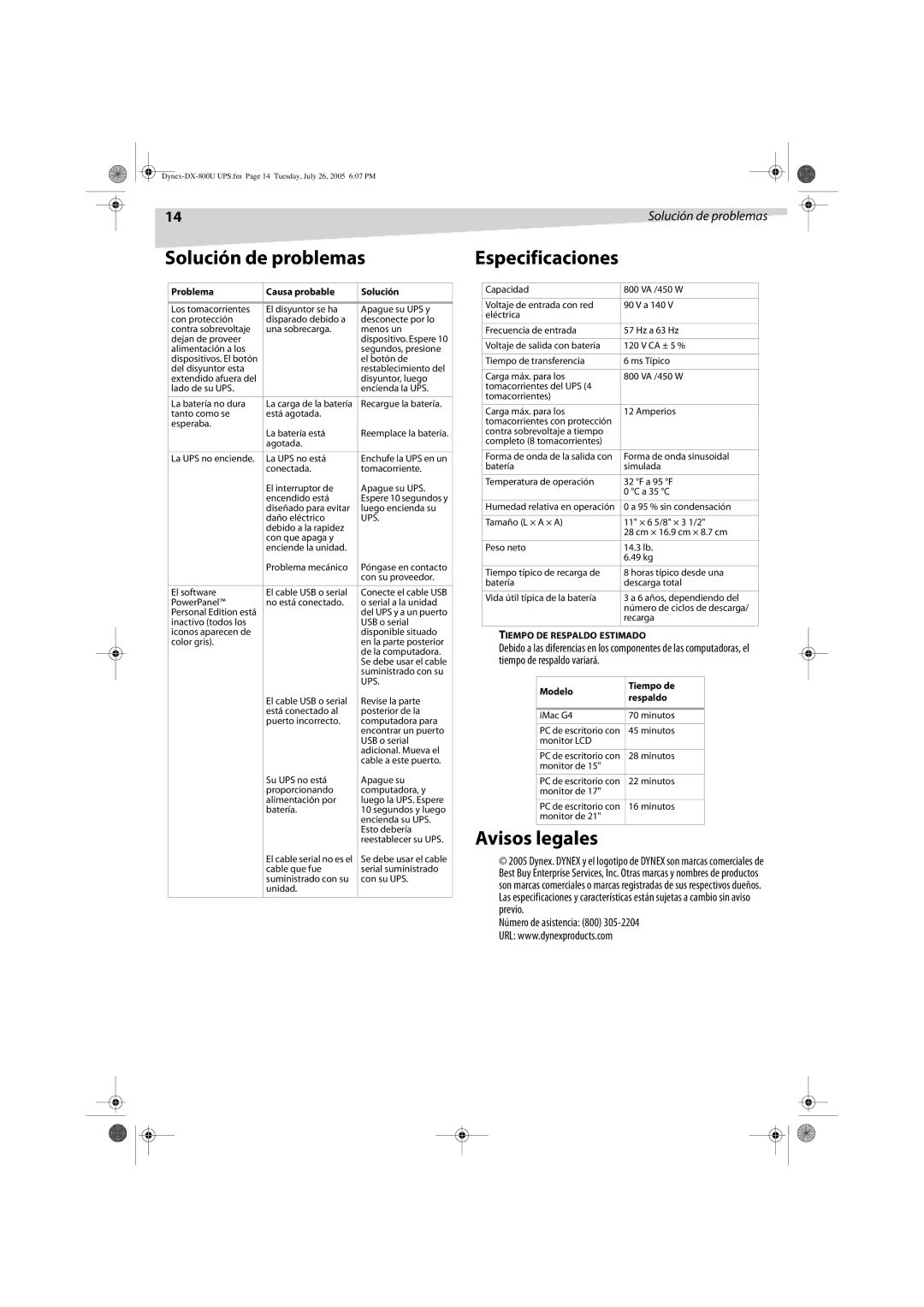 Dynex DX-800U manual Solución de problemas, Especificaciones, Avisos legales, Número de asistencia 800 