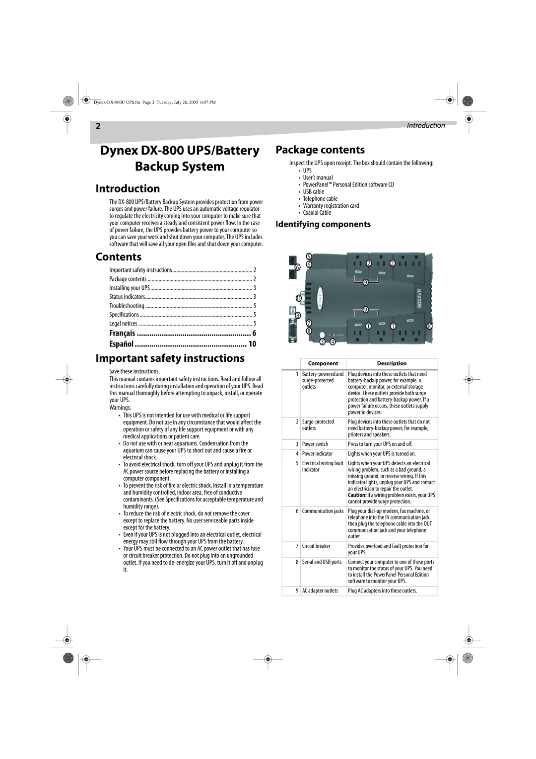 Dynex DX-800U manual Introduction, Package contents, Contents, Important safety instructions 