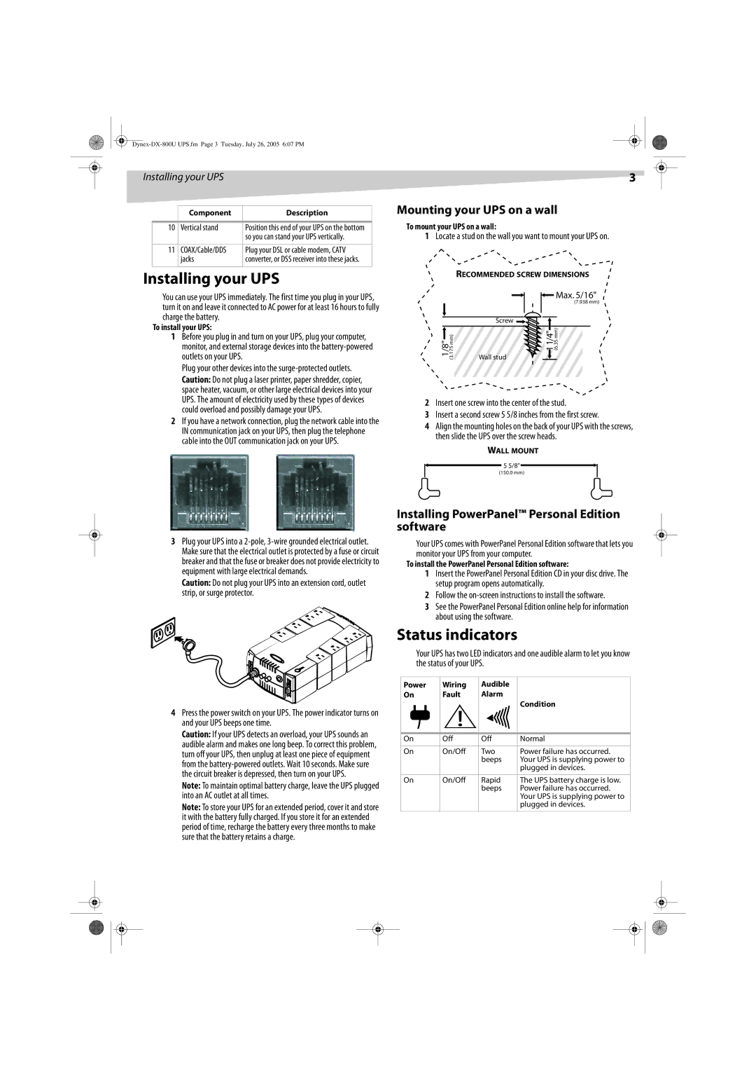 Dynex DX-800U manual Installing your UPS, Status indicators, Mounting your UPS on a wall 