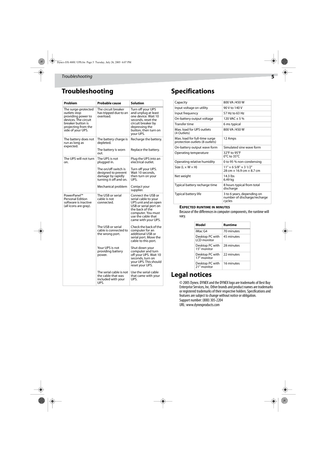 Dynex DX-800U manual Troubleshooting, Specifications, Legal notices, Support number 800 