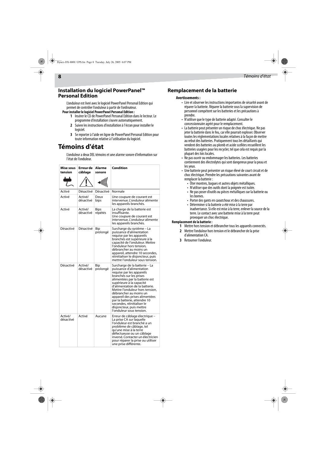 Dynex DX-800U manual Témoins détat, Installation du logiciel PowerPanel Personal Edition, Remplacement de la batterie 