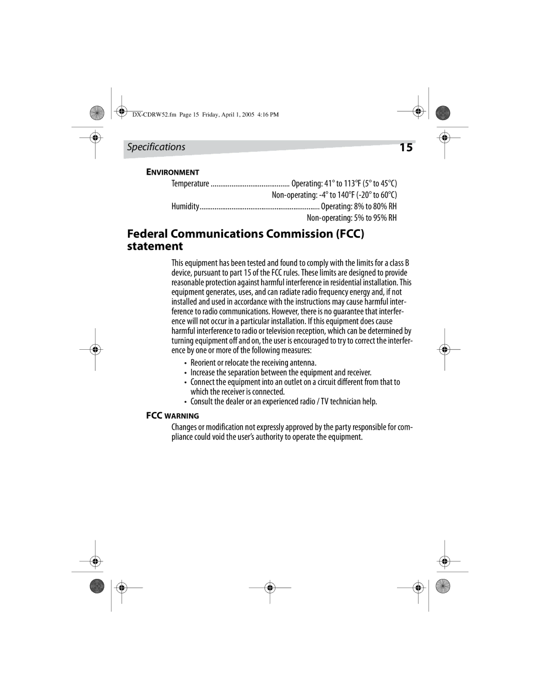 Dynex DX-CDRW52 manual Federal Communications Commission FCC statement, Specifications, Non-operating -4 to 140F -20 to 60C 