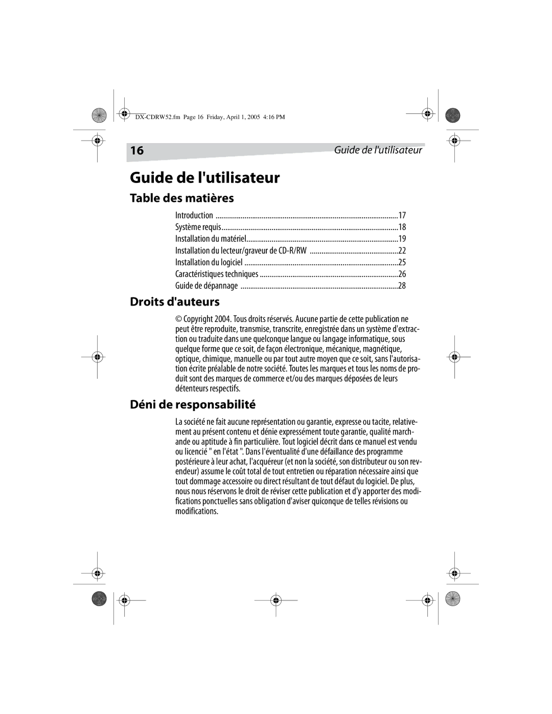 Dynex DX-CDRW52 manual Guide de lutilisateur, Table des matières, Droits dauteurs, Déni de responsabilité 