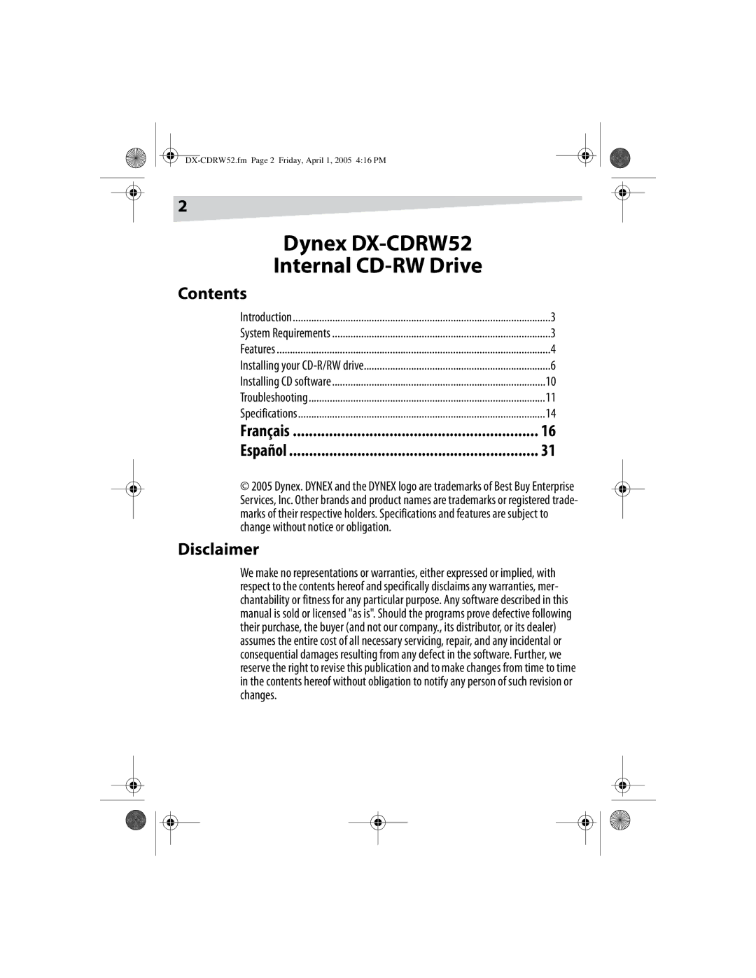 Dynex manual Dynex DX-CDRW52 Internal CD-RW Drive, Contents, Disclaimer 