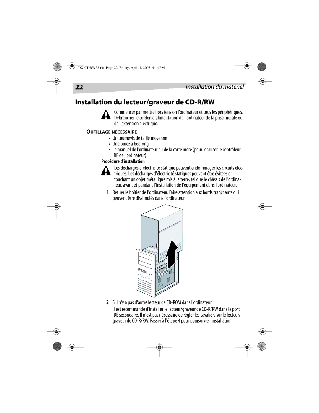 Dynex DX-CDRW52 manual Installation du lecteur/graveur de CD-R/RW, Sil ny a pas dautre lecteur de CD-ROM dans lordinateur 