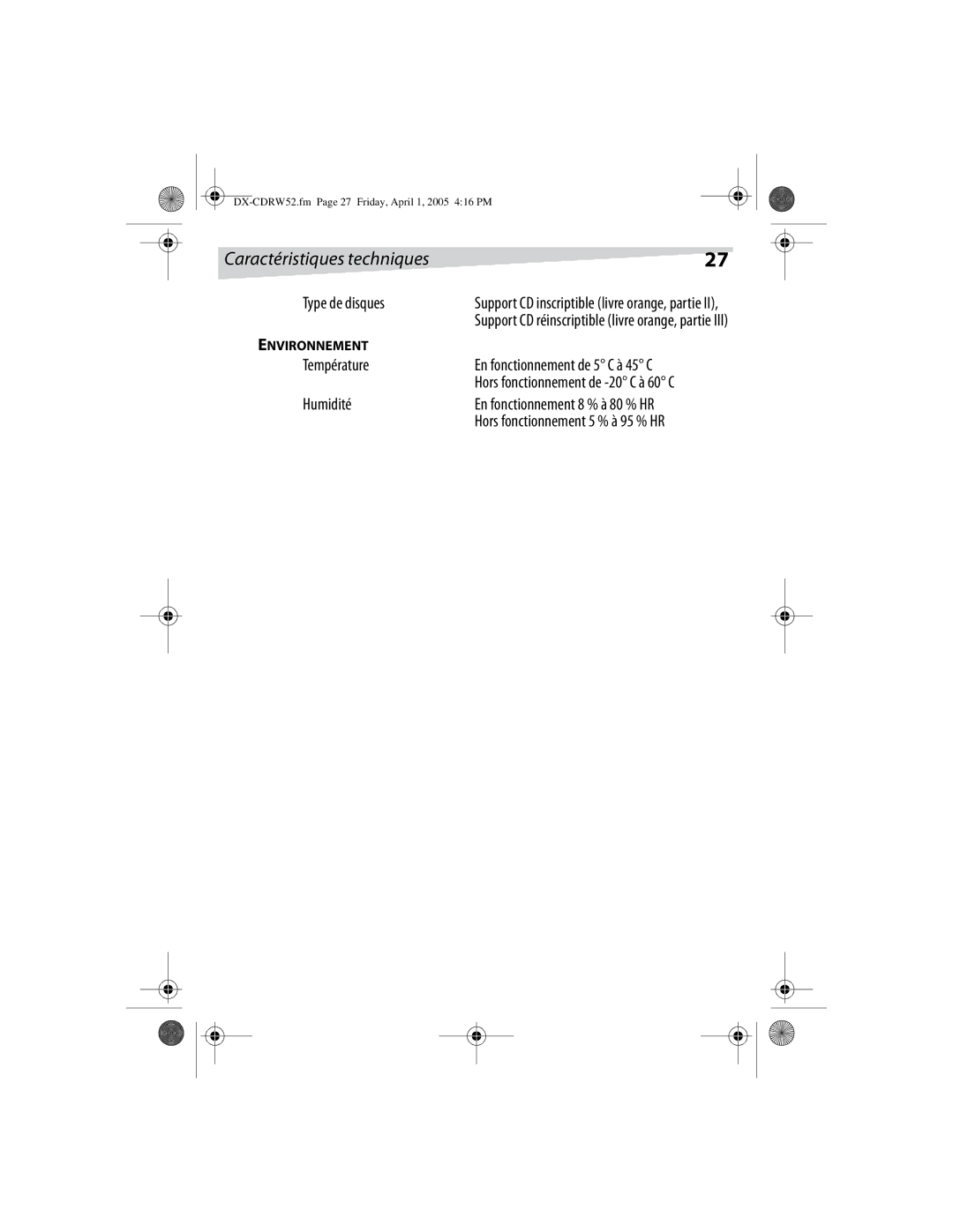 Dynex DX-CDRW52 manual Caractéristiques techniques, Type de disques, Température, Humidité 