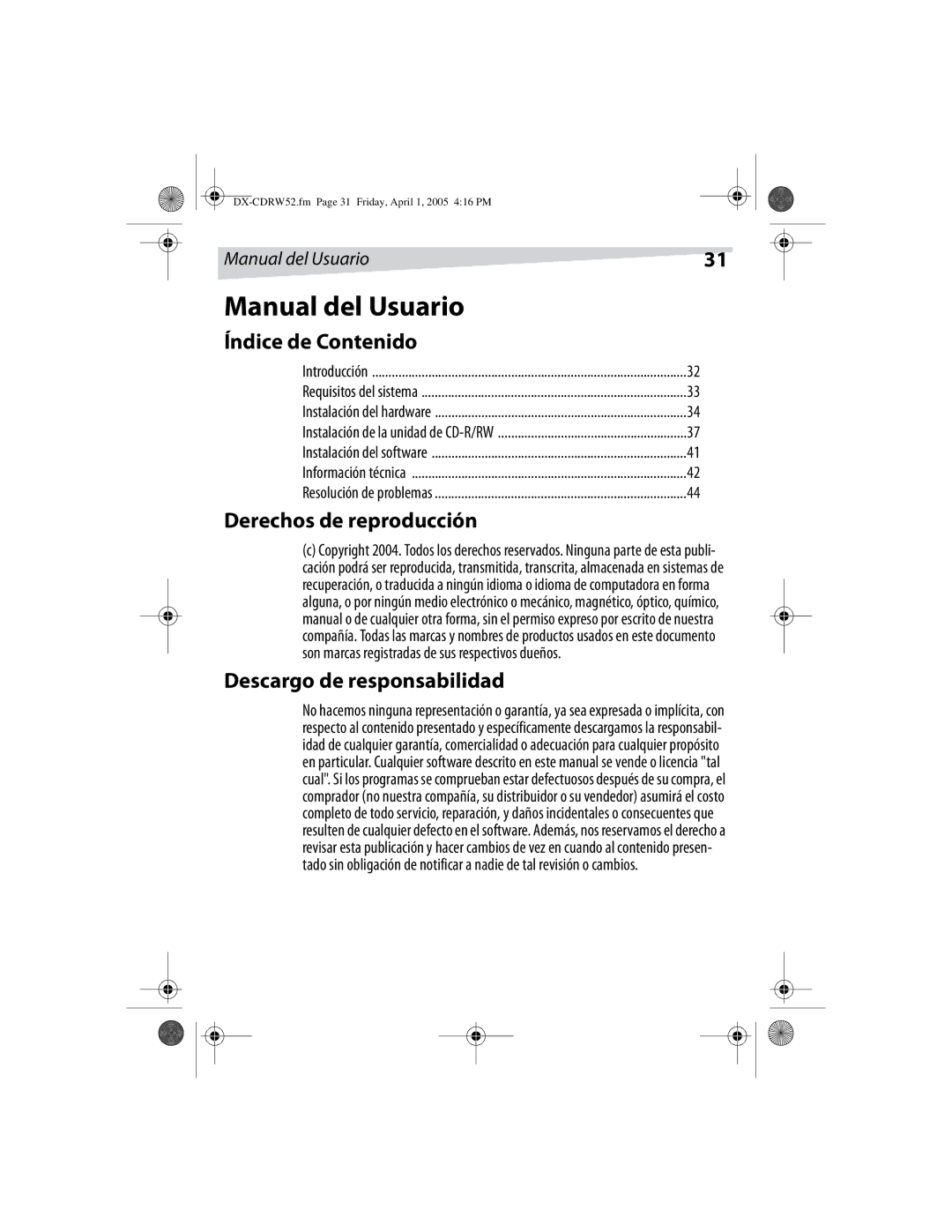 Dynex DX-CDRW52 manual Manual del Usuario, Índice de Contenido, Derechos de reproducción, Descargo de responsabilidad 