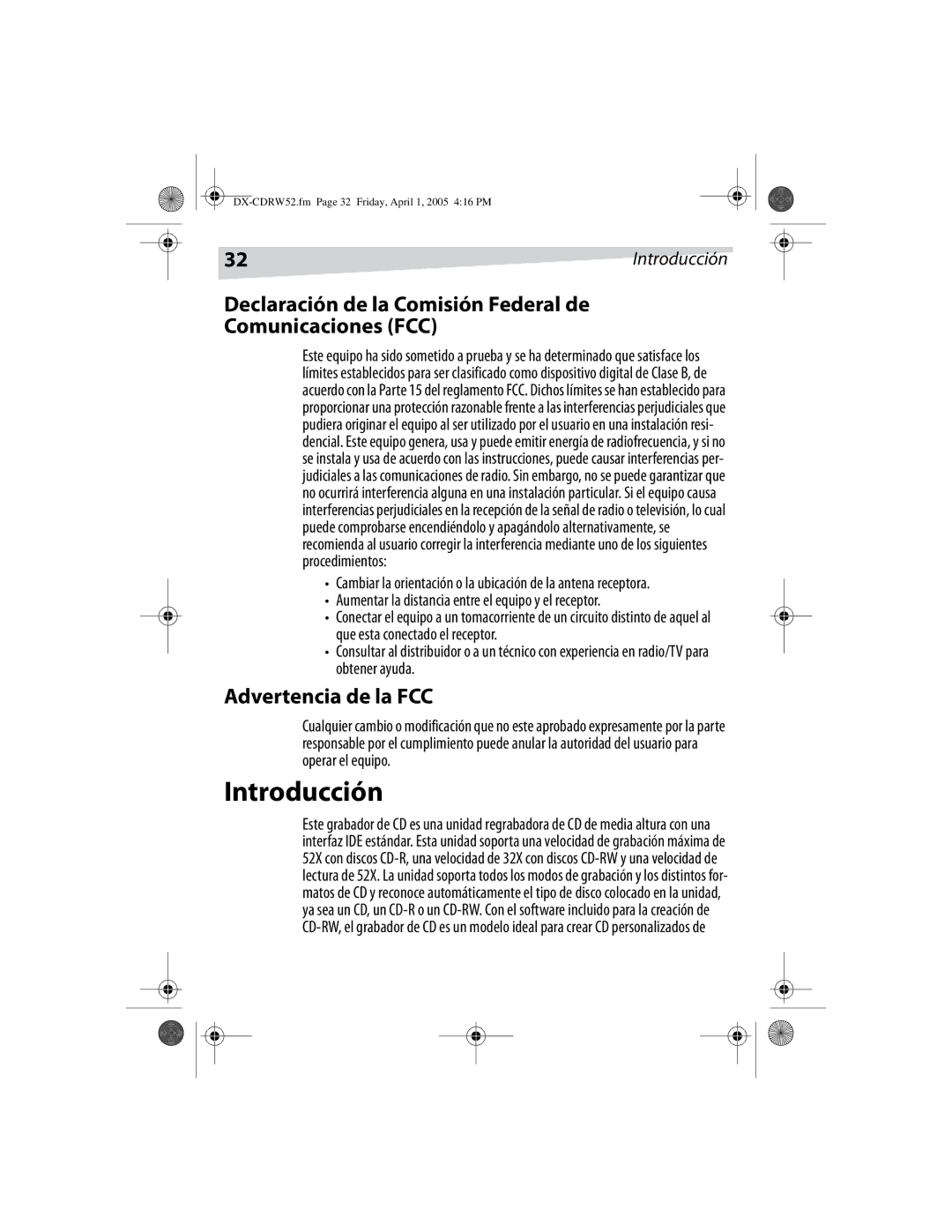 Dynex DX-CDRW52 manual Introducción, Declaración de la Comisión Federal de Comunicaciones FCC, Advertencia de la FCC 