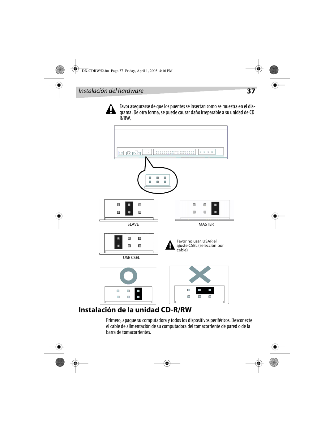 Dynex DX-CDRW52 manual Instalación de la unidad CD-R/RW, Favor no usar, Usar el ajuste Csel selección por cable 