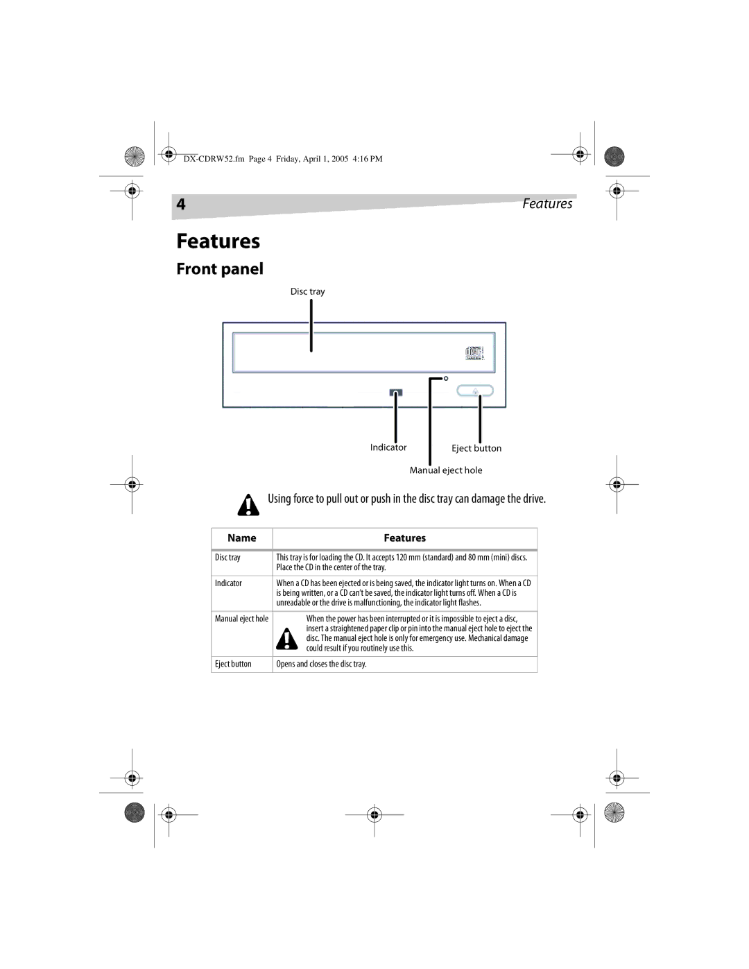 Dynex DX-CDRW52 manual Front panel, Name Features 