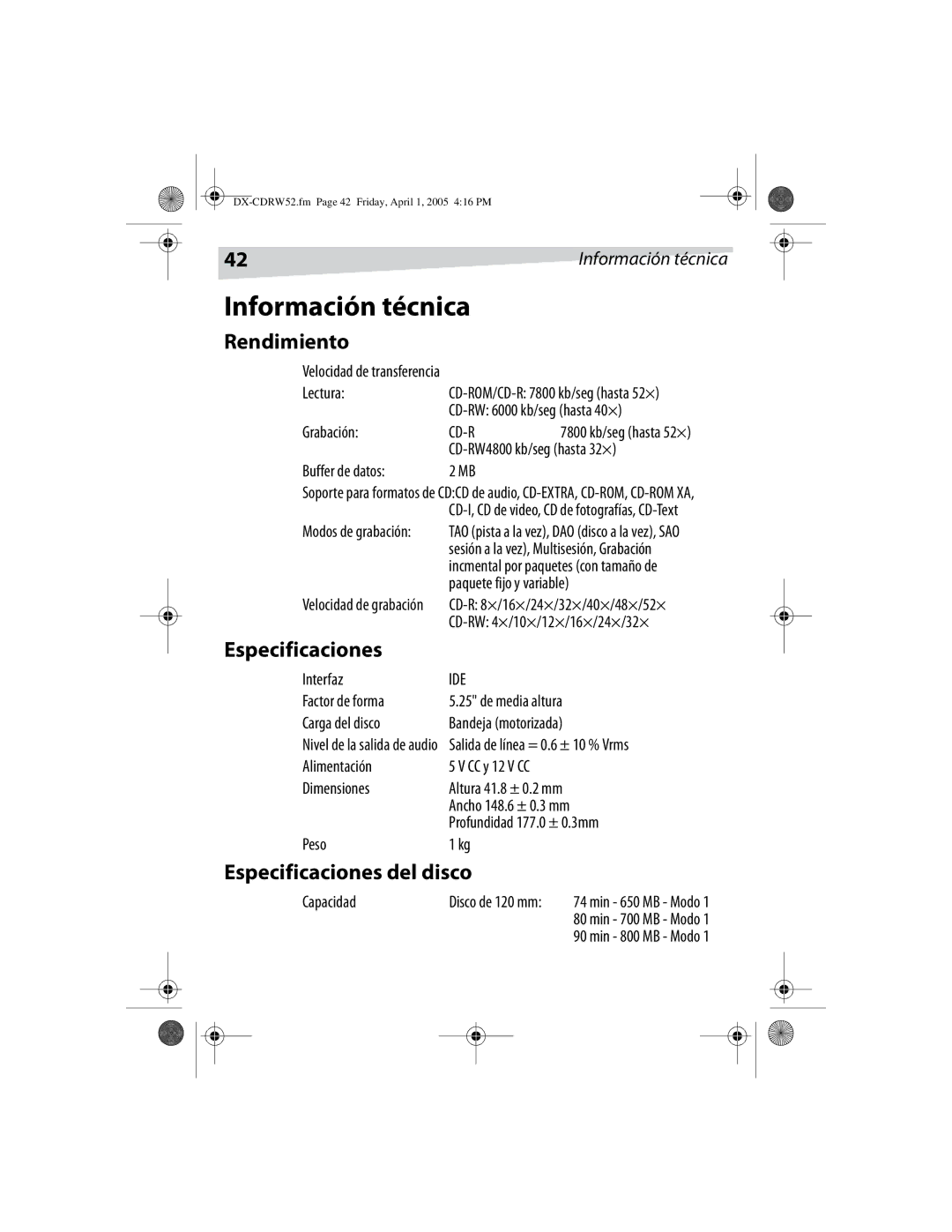 Dynex DX-CDRW52 manual Información técnica, Rendimiento, Especificaciones del disco 