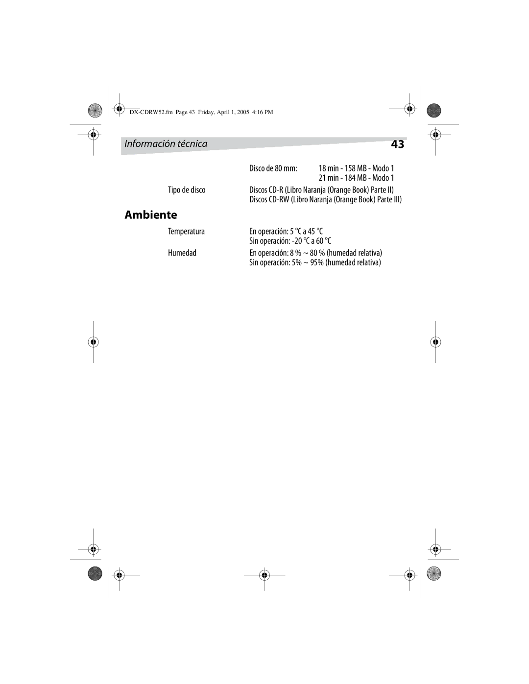 Dynex DX-CDRW52 manual Ambiente, Información técnica, Tipo de disco 