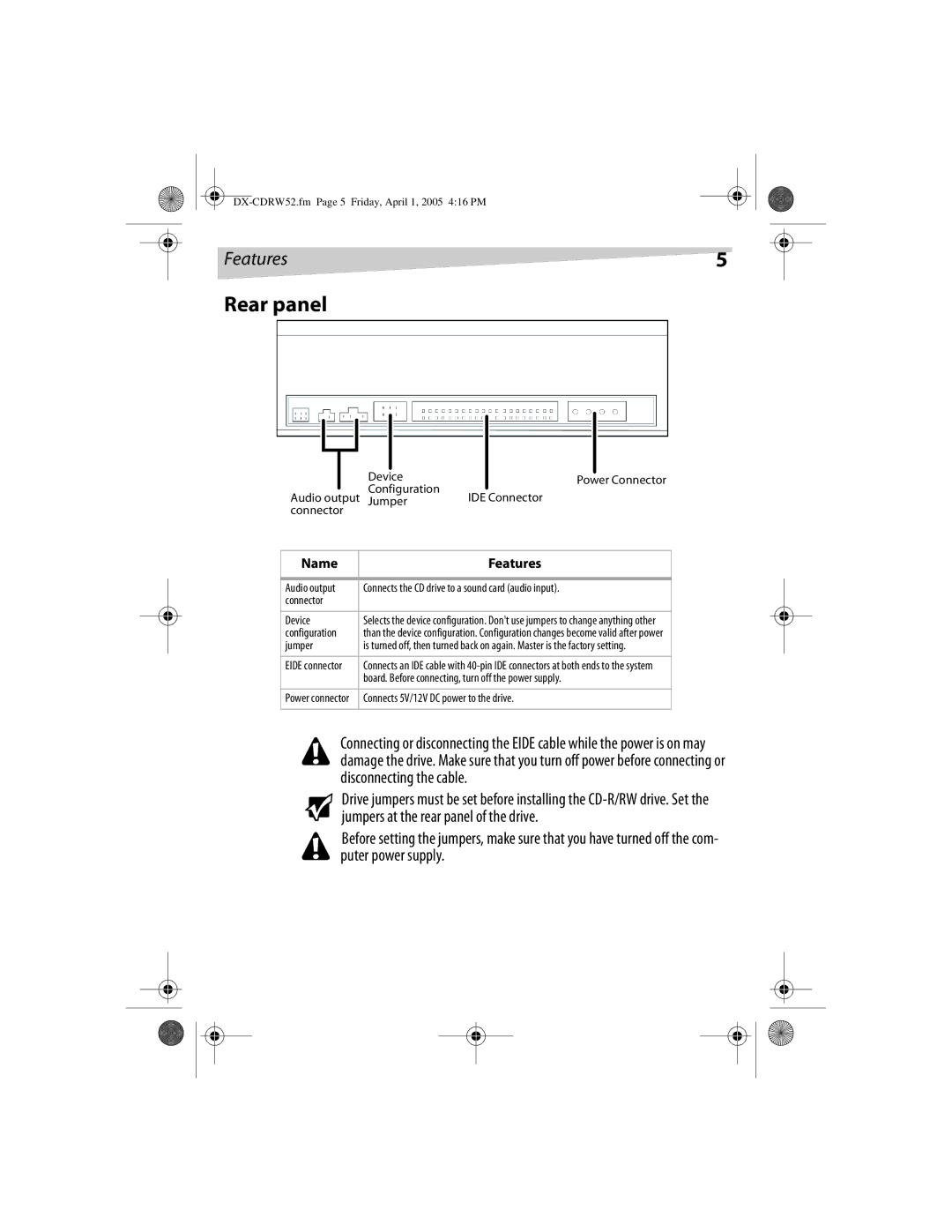 Dynex DX-CDRW52 manual Rear panel, Features 