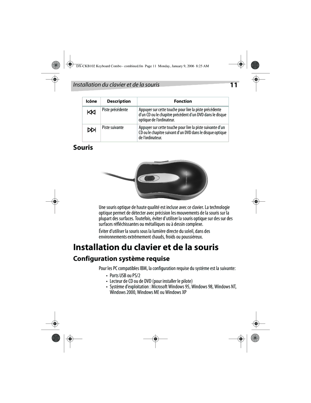 Dynex DX-CKB102 manual Installation du clavier et de la souris, Souris, Configuration système requise, De l’ordinateur 