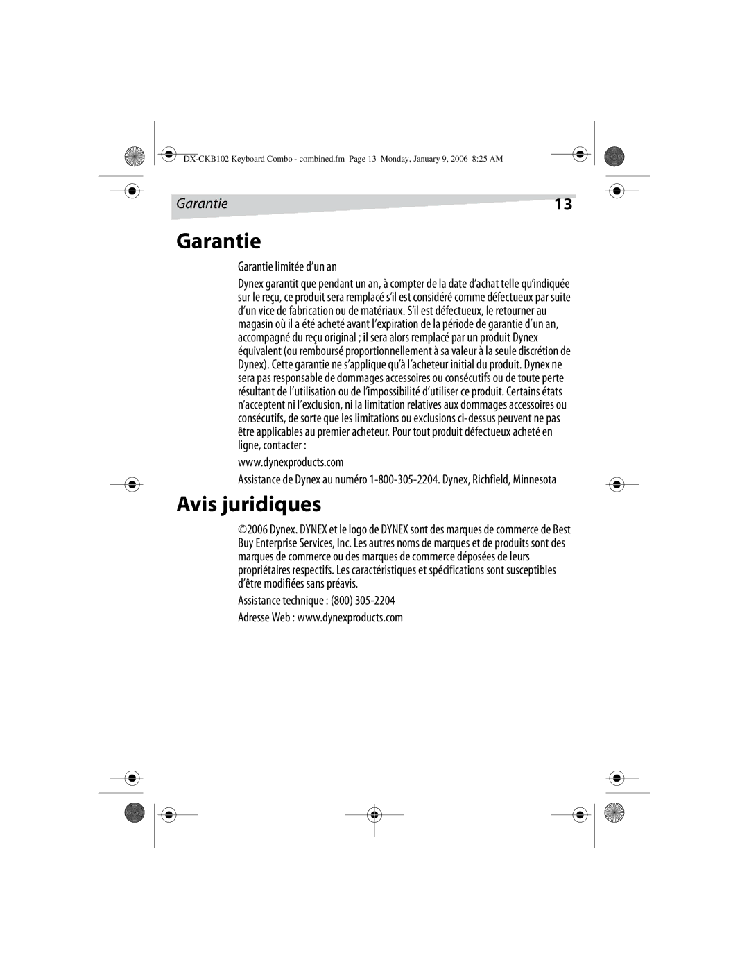 Dynex DX-CKB102 manual Garantie, Avis juridiques 