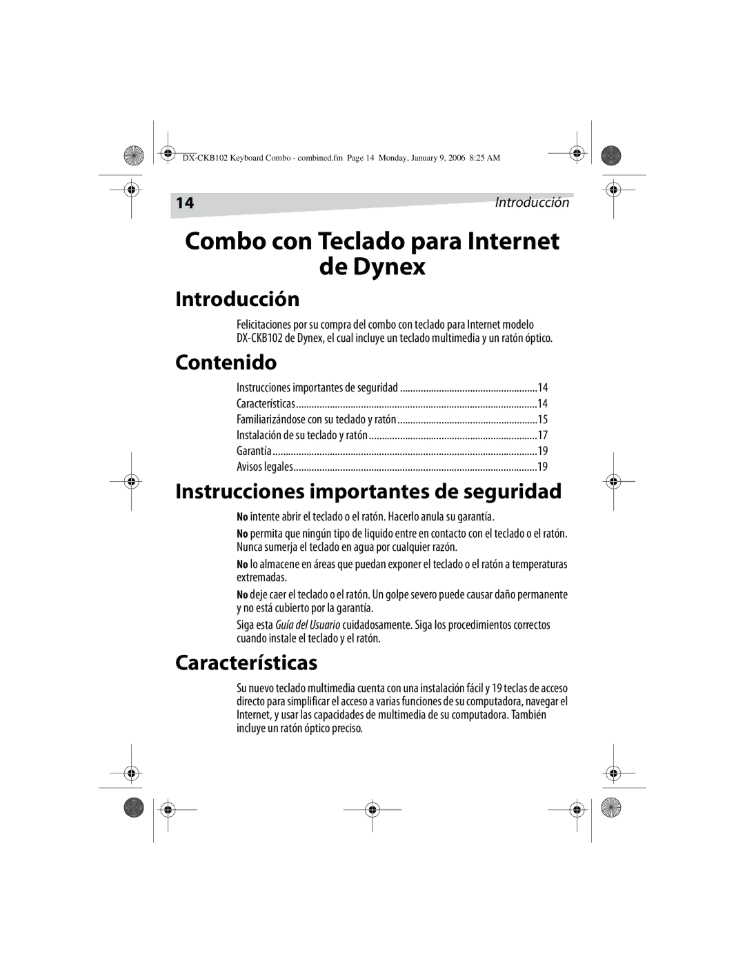 Dynex DX-CKB102 manual Introducción, Contenido, Instrucciones importantes de seguridad, Características 