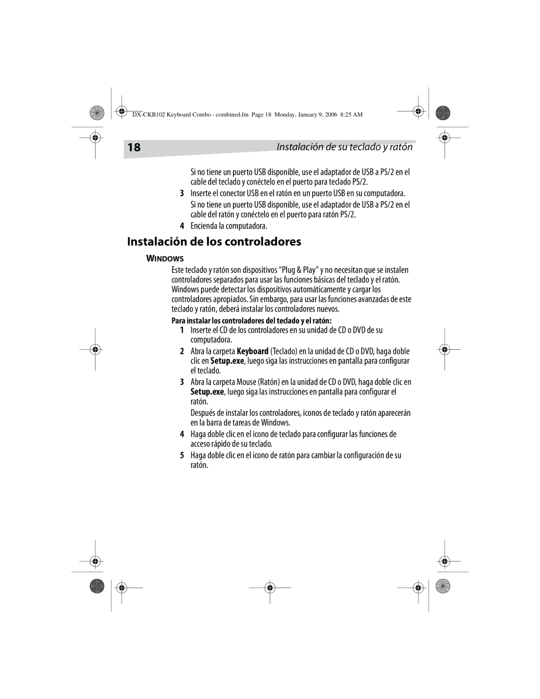 Dynex DX-CKB102 manual Instalación de los controladores, Para instalar los controladores del teclado y el ratón 