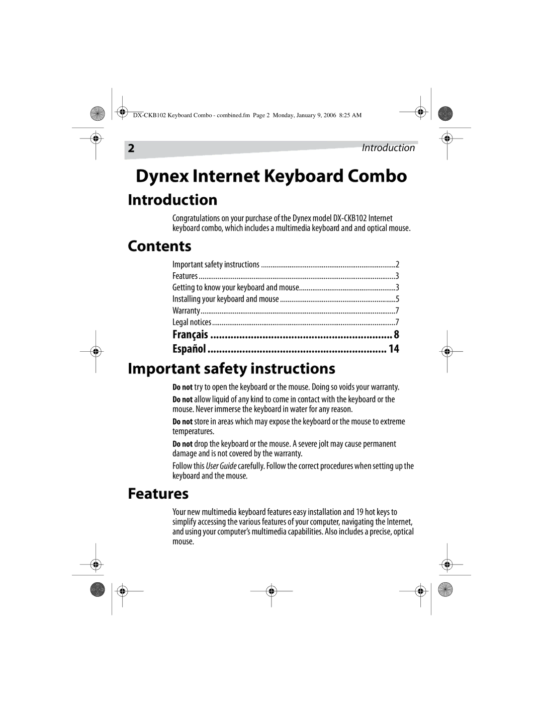 Dynex DX-CKB102 manual Introduction, Contents, Important safety instructions, Features 