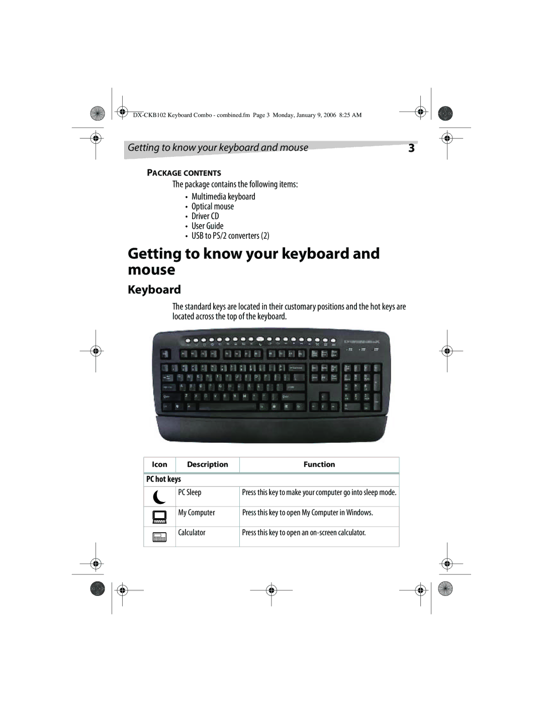 Dynex DX-CKB102 manual Getting to know your keyboard and mouse, Keyboard, PC hot keys 