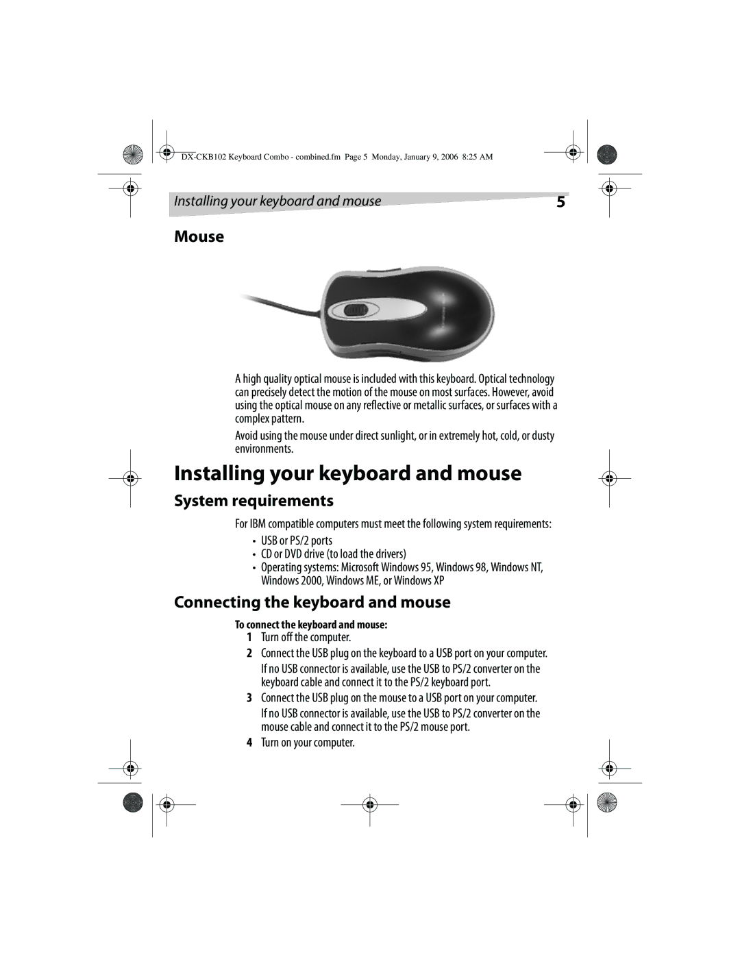 Dynex DX-CKB102 manual Installing your keyboard and mouse, Mouse, System requirements, Connecting the keyboard and mouse 