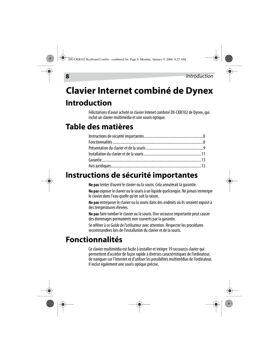 Dynex DX-CKB102 manual Table des matières, Fonctionnalités 