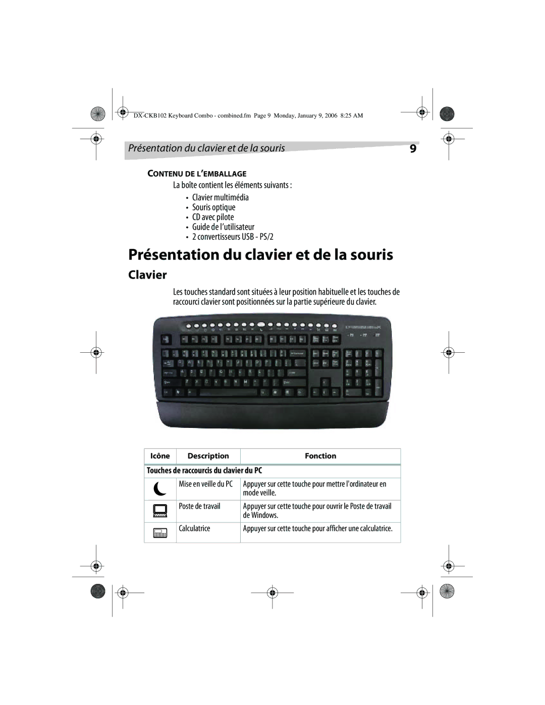 Dynex DX-CKB102 manual Présentation du clavier et de la souris, Clavier, Touches de raccourcis du clavier du PC 