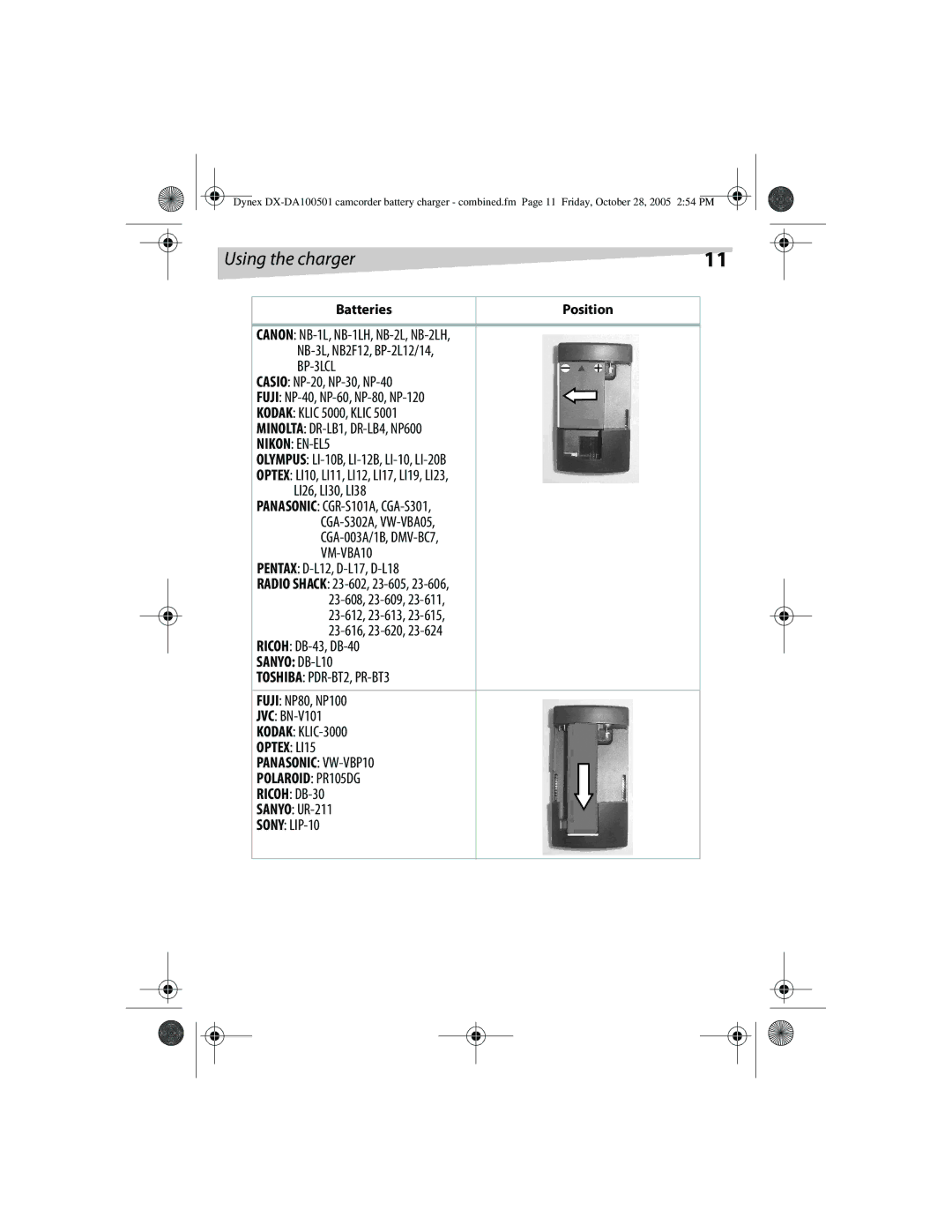 Dynex DX-DA100502, DX-DA100501 manual Olympus LI-10B, LI-12B, LI-10, LI-20B, Pentax D-L12, D-L17, D-L18, Ricoh DB-43, DB-40 