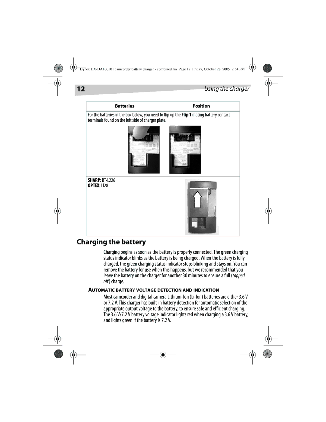 Dynex DX-DA100501, DX-DA100502 manual Charging the battery, Automatic Battery Voltage Detection and Indication 