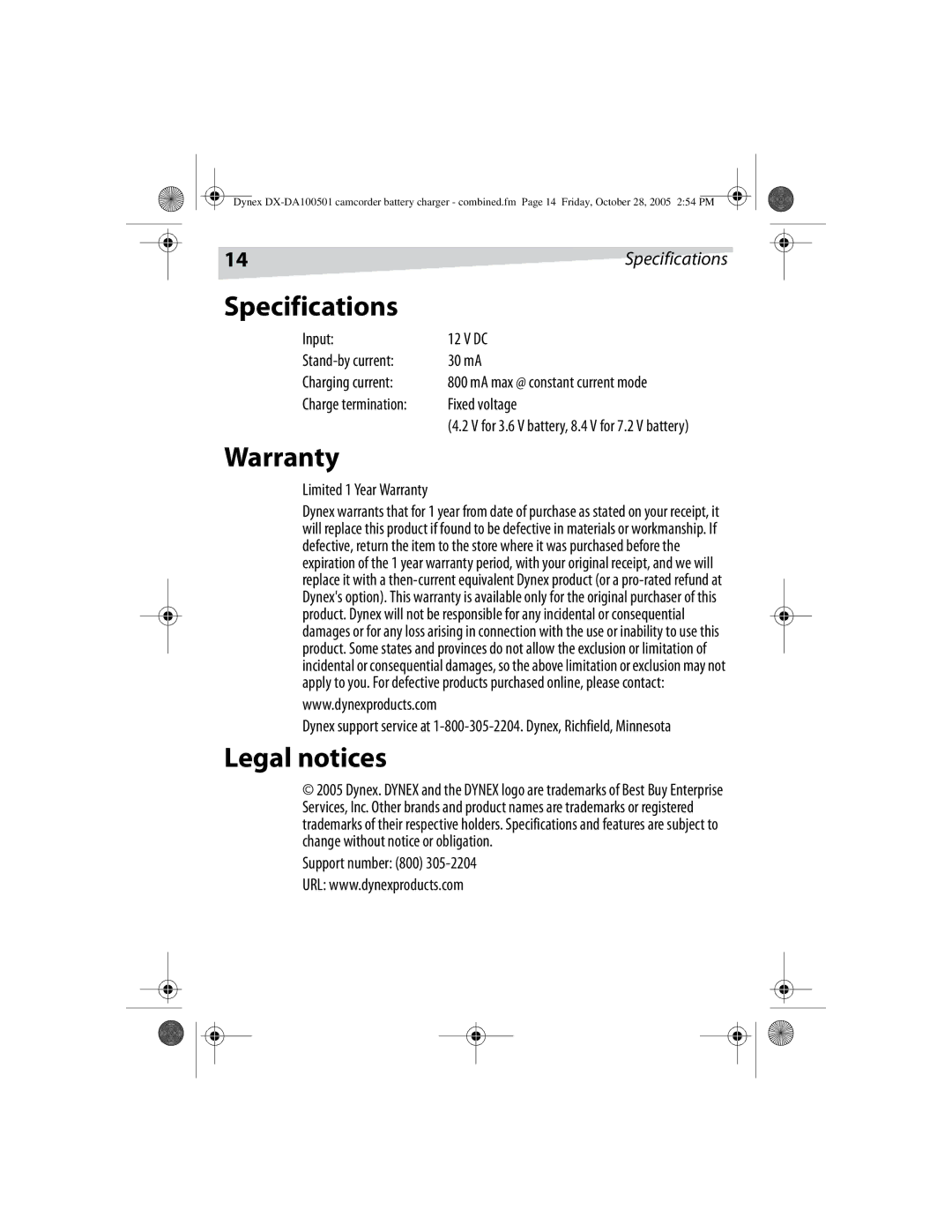 Dynex DX-DA100501, DX-DA100502 manual Warranty, Legal notices, 14Specifications 