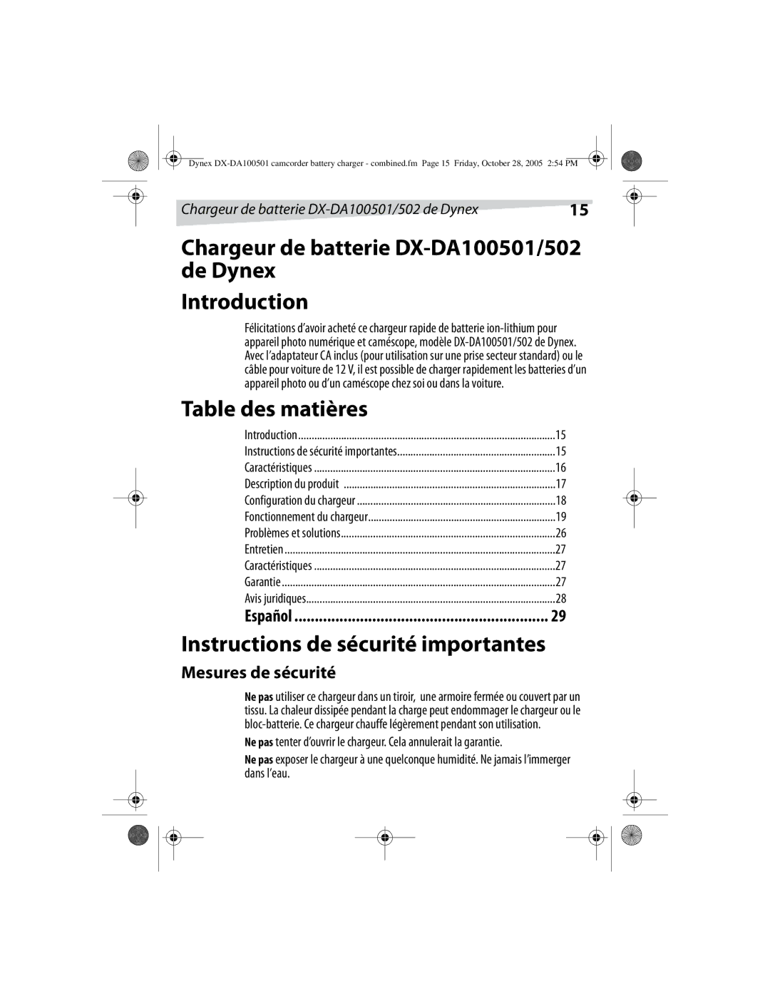 Dynex DX-DA100502 Chargeur de batterie DX-DA100501/502 de Dynex Introduction, Table des matières, Mesures de sécurité 