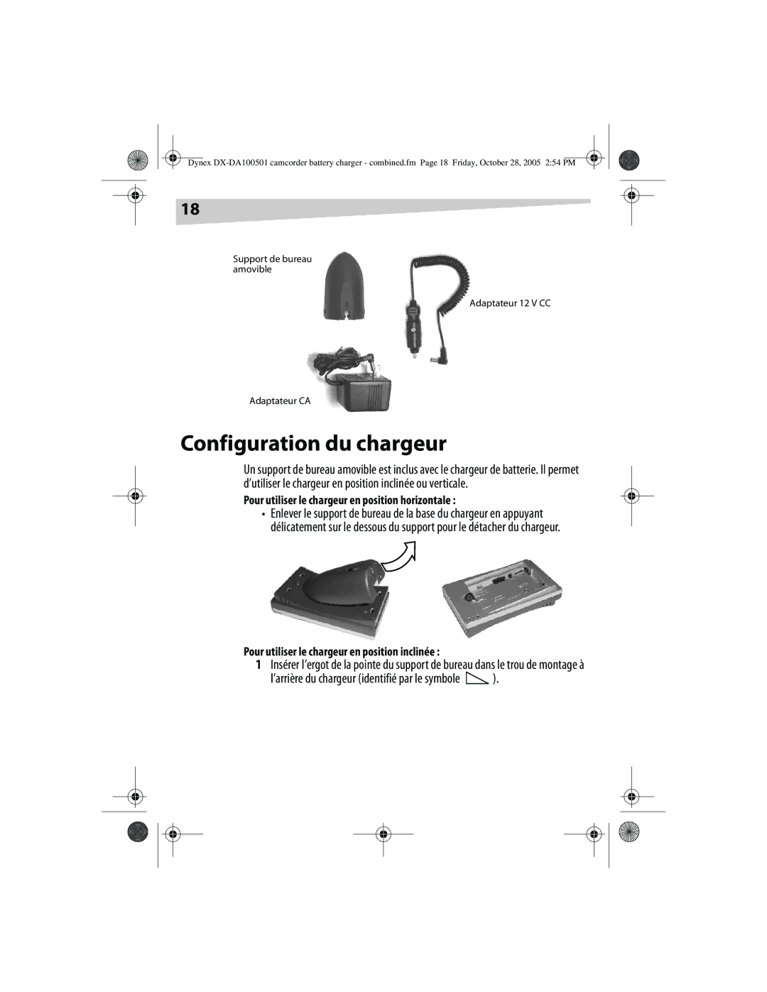 Dynex DX-DA100501, DX-DA100502 manual Configuration du chargeur, Pour utiliser le chargeur en position horizontale 