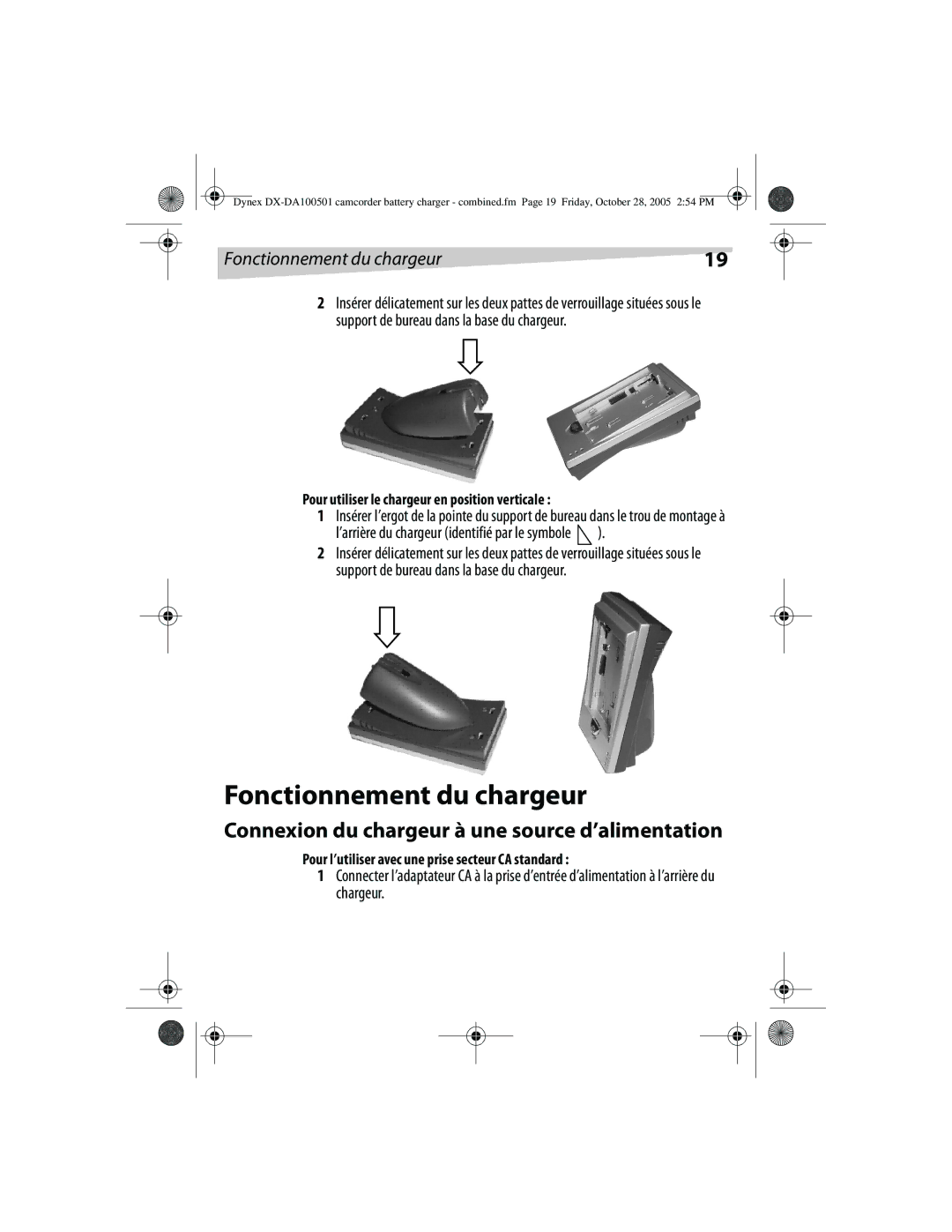 Dynex DX-DA100502, DX-DA100501 manual Fonctionnement du chargeur, Connexion du chargeur à une source d’alimentation 