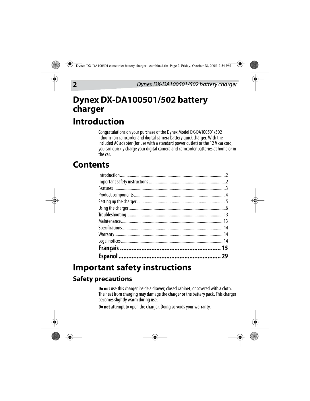 Dynex DX-DA100502 manual Dynex DX-DA100501/502 battery charger Introduction, Contents, Important safety instructions 